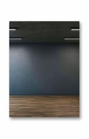 Modern black wall mockup in office with wooden floor and meeting room visible through glass wall on right side under ceiling lights at night.