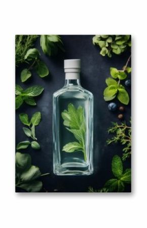 Gin bottle placed on a dark background surrounded by fresh herbs, spices, lemon and lime slices, creating a vibrant and aromatic scene