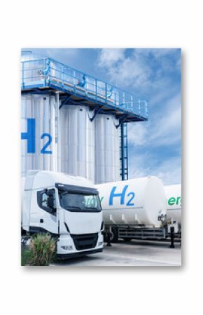 Hydrogen tank trailers with hydrogen storage in the background