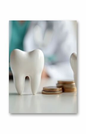 White tooth model on table with coins blurred dentist in background. Dental health concept, cost treatment. Financial aspect of dentistry. Dentist office check up, dental care.