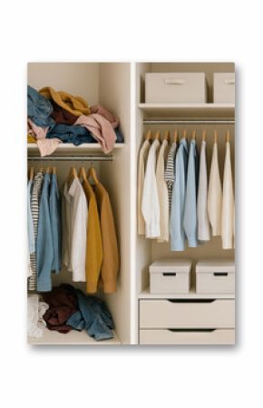 Before and after closet organization with messy piles of clothes transformed into tidy wardrobe with neatly arranged outfits. Concept of home storage, fashion organization, declutter