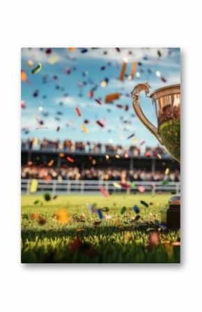 Gleaming golden trophy on grassy field with falling confetti and crowded stadium grandstands visible in the background under a partly cloudy sky. Banner