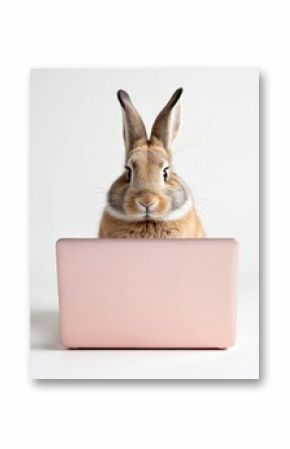 Adorable bunny using laptop computer. Cute fluffy rabbit works online on pc. Animal student studying, distant learning, remote work, home office. Easter concept.