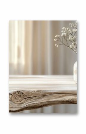A vase of white flowers sits on a wooden table