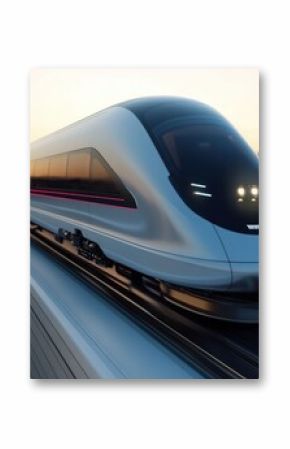 High-speed train travels along modern track at sunset in urban environment