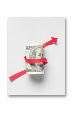 Dollar banknote with arrow on light background. Concept of rising price