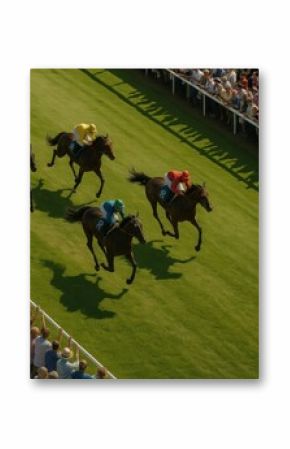 Four jockeys racing fast across bright green turf, passionate crowd cheering from stands. Intense competition. Kentucky Derby, horse race, competition event, sport