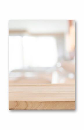 Wooden table top for product displays on deeply blurred resort bathroom background