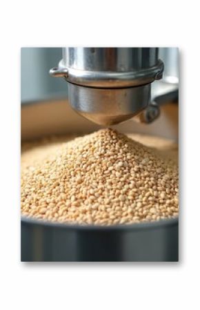 Close-up of malt seeds grinding process at mill. Grain processing for beer production. Modern brewery equipment technology. Malted barley ingredient for craft lager, ale, pilsner, stout. Food