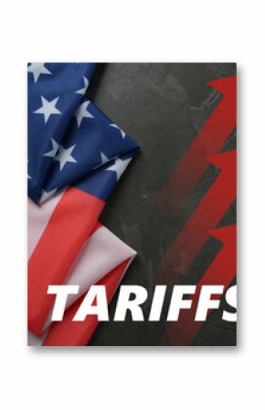 Tariff increase. Dollar bill and flag of USA on black table, top view