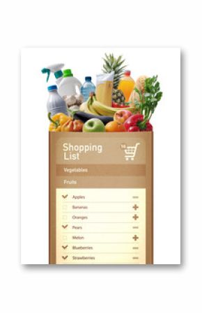 Digital shopping list on a full grocery bag