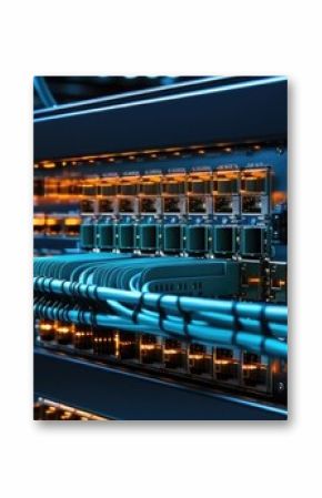 Server room with switch, internet cables and wires. Fiber optic equipment in data center. Network background, panorama.