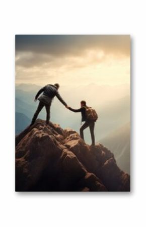 Two people helping each other on a mountain top