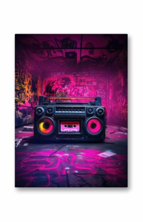 Retro old design ghetto blaster boombox radio cassette tape recorder from 1980s in a grungy graffiti covered room.music blaster  