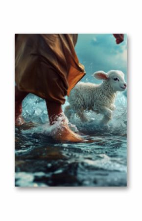Jesus walks with a lamb on the water