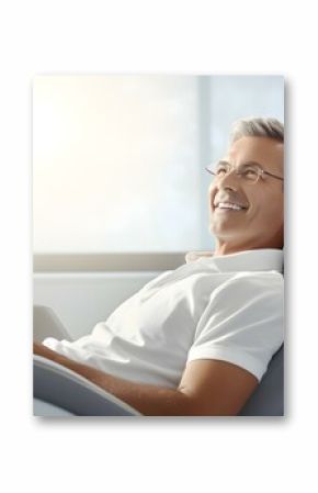 A confident man receives dental care relaxing in an orthodontic chair. Concept Dental Care, Confidence, Orthodontic Chair, Relaxation, Men's Health