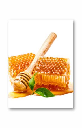 Honeycomb with honey dipper and leaf isolated, Organic product from the nature for healthy with traditional style, PNG transparency