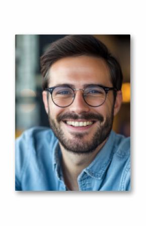 A cheerful man wearing glasses and a casual denim shirt, smiling warmly in a cozy indoor setting with natural light enhancing the ambiance.