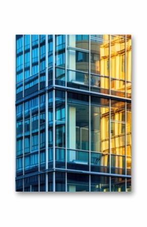 A tall building with numerous windows stands proudly on the corner, its facade adorned with glass panels, creating a symmetrical appearance in the city skyline. AIG41