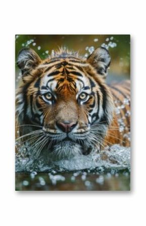 Amur Tiger Playing in The Water, Siberia. Dangerous Animal, Russia. Animal in Green Forest Stream. Siberian Tiger Splashing Water, 8K Photo - Generative AI