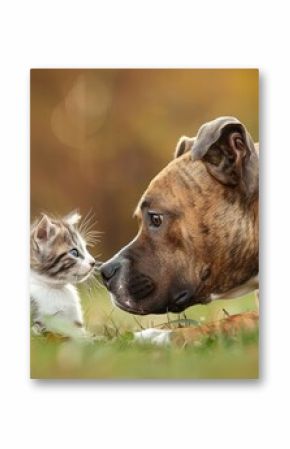 American Stafford-shire Terrier Dog Playing With Cute Little Kitten, 8K Photo - Generative AI