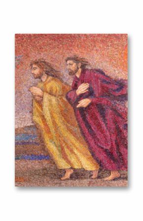 MILAN, ITALY - MARCH 8, 2024: The mosaic of St. Peter and John running to the empty tomb in the church Chiesa di Santi Quattro Evangelisti by Italo Persson and Silvio Consadori from 20. cent.