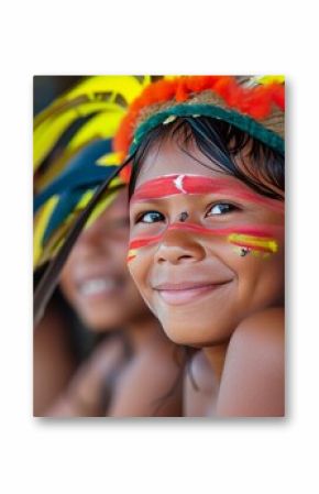 Curious Amazonia tribe children latin. Culture face. Generate Ai