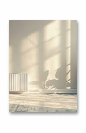 Minimalistic room with white aluminum radiator and laminate floor