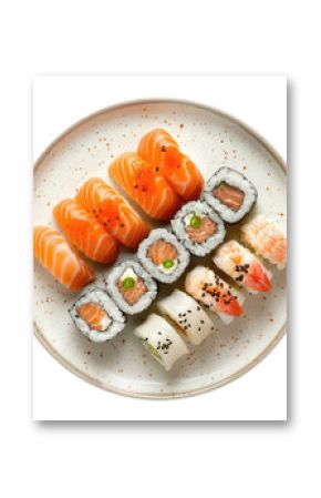 Plate with sushi isolated on transparent background, top view