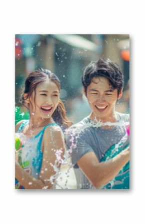 Happy traveler asian man and woman wearing summer shirt holding colourful squirt water gun over blur city, Water festival holiday concept
