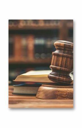 Courtroom scene with open law book and wooden gavel symbolizing justice in the legal system. Concept Legal System, Justice, Courtroom, Law Book, Gavel