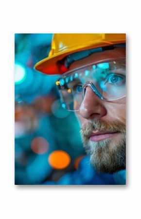 Man Wearing Hard Hat and Safety Glasses