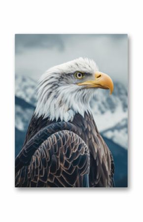 Majestic eagle staring regally with snow-capped mountains in the backdrop