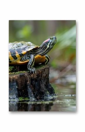 A yellow bellied slider turtle resting on a cypress tree stump at Greenfield Lake in Wilmington North Carolina
