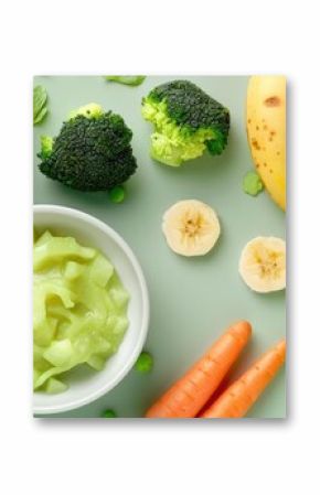 Infant food consisting of bowls filled with pureed vegetables and fruits in green, orange, and yellow hues, including broccoli, carrots, banana, and apple, accompanied by baby accessories and toys,
