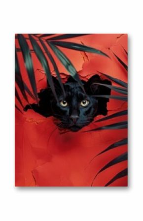 A curious black cat peeks through a torn red paper background surrounded by tropical palm leaves