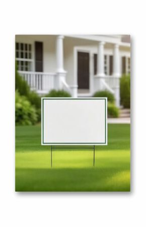 Blank yard sign in green grass on the white house background. Yard sign mockup 
