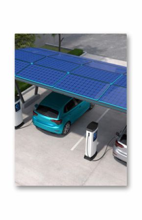 Electric cars are being charged in vehicle parking with solar panel energy, EV Charging Station, Clean energy filling technology. 3D illustration
