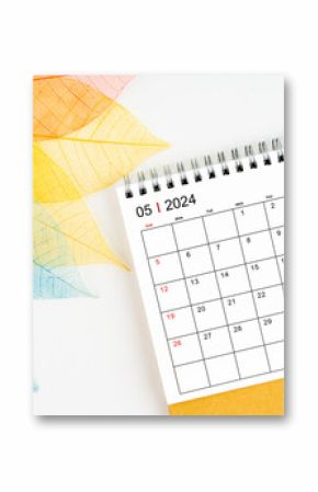 May 2024 monthly desk calendar and fiber structure of dry leaves texture, skeleton leaf.
