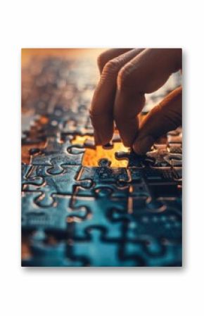 A hand reaches out carefully adding the final piece to a complex puzzle representing the satisfaction of a successful data ysis and solution. .