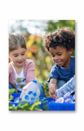 Children collecting plastic bottles for recycling in a garden. Natural light outdoor photography with copy space. Environmental awareness and education concept. Design for banner, poster, invitation