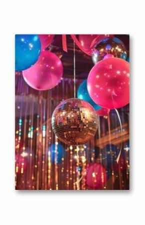 A decorated venue with streamers balloons and disco balls giving off a nostalgic feel for the adult prom theme.