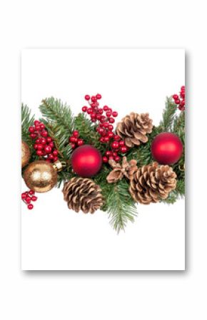 Christmas garland with red and gold baubles, berries, and pinecones on a white background.  PNG transparent.