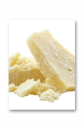 A wedge of parmesan cheese with crumbled pieces, isolated on white background. PNG transparent.