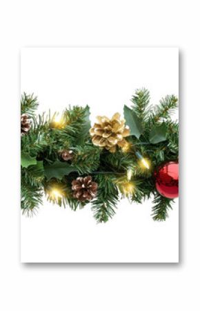 Seamless decorative christmas border with coniferous branches and garlands of christmas lights and ornaments cosmetics festival perfume.