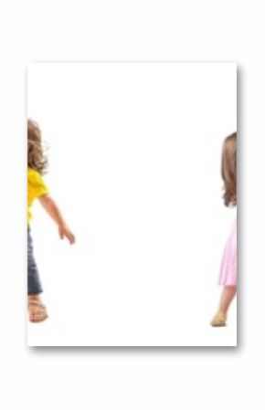 Various views of two cheerful kids throwing and catching balls on a white background. Two beautiful sisters playing and laughing together.