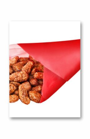 Gebrannte Mandeln und rote Papiertüte Hintergrund transparent PNG cut out Roasted Almonds