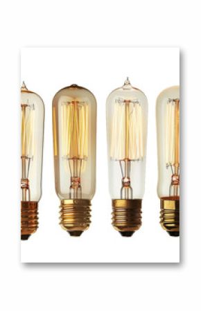 Four vintage edison style light bulbs with glowing filaments are standing on a white background