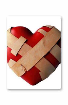 Broken red heart patched with bandages, symbol of healing or heartbreak, isolated on white.  PNG transparent.