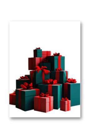 Stack of Christmas presents wrapped with red and green ribbons, isolated on a white background. PNG transparent.